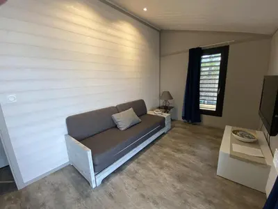 Coin salon dans l'établissement Chalet pour 5 - Piscine couverte - St Hilaire