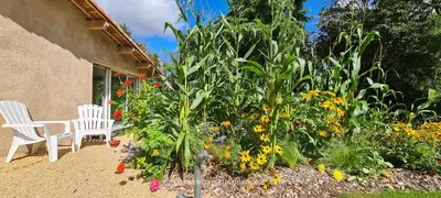 Jardin de l'établissement Gîte Le Puy Martineau piscine privée intérieure chauffée terrain arboré à 10 min du Puy du Fo
