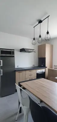 Cuisine ou kitchenette dans l'établissement Résidence Salamandre - Maison Bois Cosy Calme avec parking pour 4 à 10 pers idéal couples et familles à 500m de la plage à Saint-Marc-sur-mer
