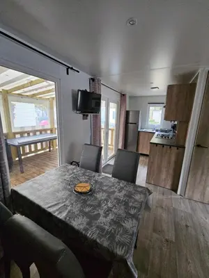 Cuisine ou kitchenette dans l'établissement Jolie Mobil home 103