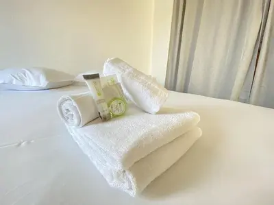 Un ou plusieurs lits dans un hébergement de l'établissement Grand studio, belle terrasse avec vue