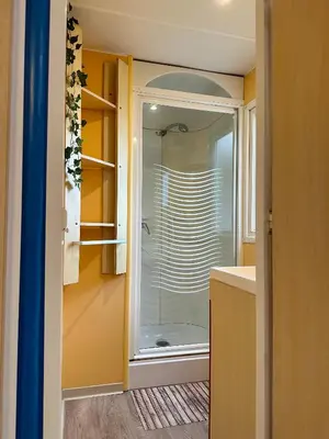 Salle de bains dans l'établissement Mobile home 6 personnes Climatisé proche Puy du fou Clisson 800FA