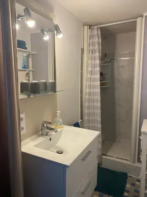Salle de bains dans l'établissement Maison du pêcheur , située sur les bords de la Loire dans un lieu calme et paisible.
