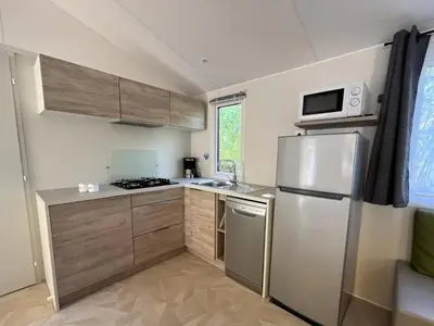 Cuisine ou kitchenette dans l'établissement ZEcamping 4 familial animaux acceptés animé parc aquatique