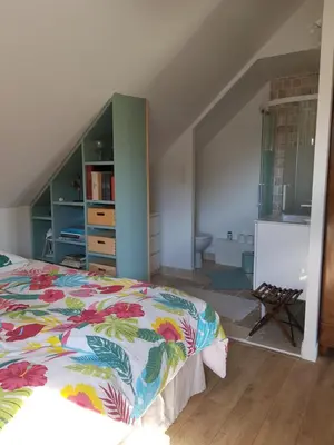 Un ou plusieurs lits dans un hébergement de l'établissement Chambre double dans longère