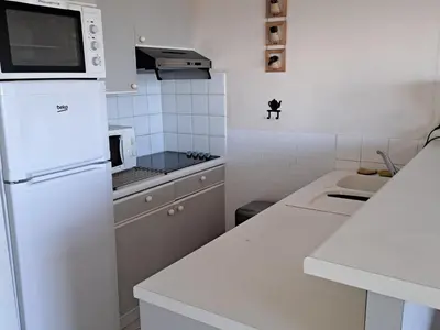 Cuisine ou kitchenette dans l'établissement Appartement spacieux 5 pers face à la mer, animaux admis - FR-1-323-485