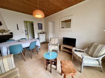 Télévision ou salle de divertissement dans l'établissement Charmante maison 5 pers, Wi-Fi, proche plage - FR-1-323-537