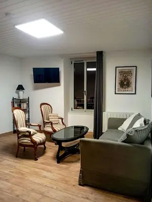 Télévision ou salle de divertissement dans l'établissement Duplex vue sur château