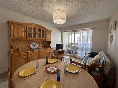 Télévision ou salle de divertissement dans l'établissement Appartement 2 pièces avec loggia, à 100m de la plage - 4 couchages, TV, lave-linge, proche commerces - FR-1-224C-311