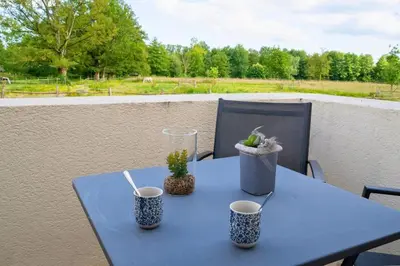 Balcon ou terrasse dans l'établissement L'Evasion en Pierre Piscine et Étang Privé