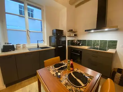Cuisine ou kitchenette dans l'établissement L'Oasis Angevine - Balneo, Sauna, Home Cinema & Parking