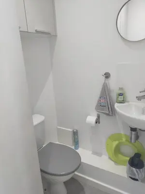 Salle de bains dans l'établissement Apt T3, 2ch, tout à pied, 50m plage, Pointe du Bec