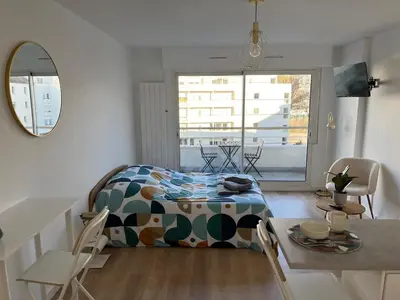 Coin salon dans l'établissement Joli studio cozy, balcon, Cité des Congrès, Gare Sud
