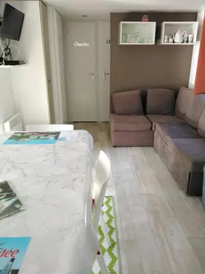 Coin salon dans l'établissement Mobil home 6 à 8pers FUN PASS NON INCLUS
