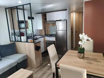 Cuisine ou kitchenette dans l'établissement Jolie Mobil Home climatisé 58