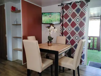 Télévision ou salle de divertissement dans l'établissement Jolie Mobil Home climatisé 58