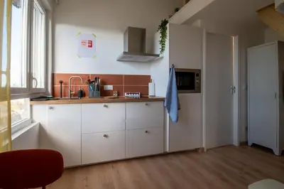 Cuisine ou kitchenette dans l'établissement Le Nid Coloré T2 petit déj' offert