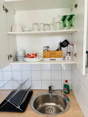 Cuisine ou kitchenette dans l'établissement Duplex cosy neuf - wifi - balcon - en bordure de forêt de pins - proche plage