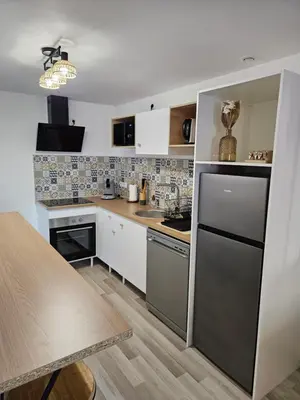 Cuisine ou kitchenette dans l'établissement Appartement Bohème 4 personnes à 12 min du Puy du Parc