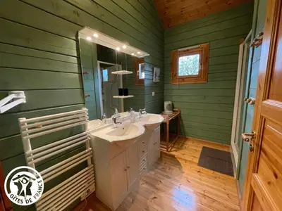 Salle de bains dans l'établissement Charmante maison en bois pour 5 personnes avec terrasse et jardin - FR-1-426-580