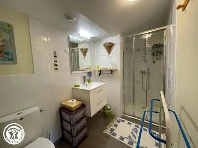 Salle de bains dans l'établissement Charmant Gîte à Beaufou avec Terrasse Privée - FR-1-426-581