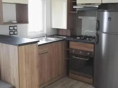 Cuisine ou kitchenette dans l'établissement Mobil-home avec terrasse à Saint-Michel-Chef-Chef - API-1-52-504