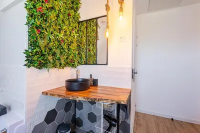 Cuisine ou kitchenette dans l'établissement l'appart Gemmois , climatisé et moderne avec balnéo