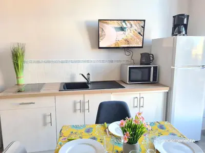 Cuisine ou kitchenette dans l'établissement Les Glaneuses le Studio centre-bourg à 3 min du Puy duFou