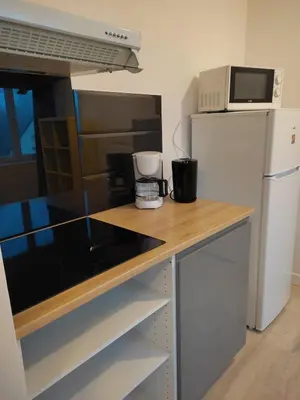 Cuisine ou kitchenette dans l'établissement Appartement Cozy avec Parking privé, Wifi & Linge, Check-in autonome