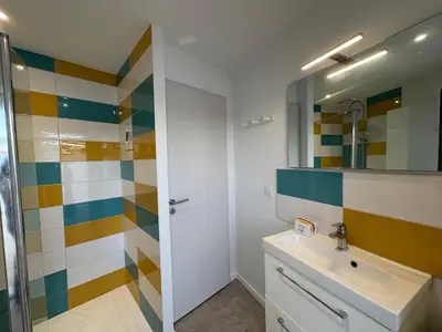 Salle de bains dans l'établissement Maison neuve avec piscine privative entre mer et forêt - FR-1-323-592