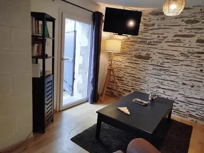 Télévision ou salle de divertissement dans l'établissement Layon cottage with shared pool