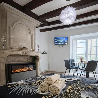 Télévision ou salle de divertissement dans l'établissement Studio de charme avec cheminée décorative
