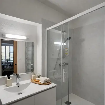 Salle de bains dans l'établissement Studio de charme avec cheminée décorative