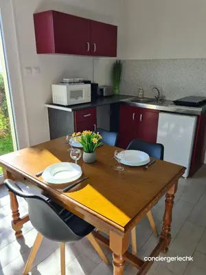 Cuisine ou kitchenette dans l'établissement Les Maisonnettes de La Manelière, gîte en campagne proche du Puy duFou