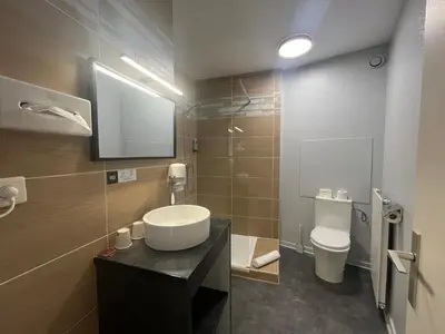 Salle de bains dans l'établissement Logis Hôtel de la Bruyere