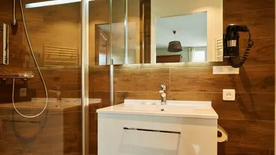 Salle de bains dans l'établissement Logis Hôtel La Chaize