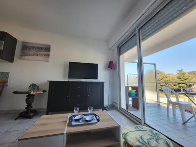 Télévision ou salle de divertissement dans l'établissement Appartement T2 avec balcon, à 100m de la plage et proche des commerces à Saint-Brevin-les-Pins - FR-1-364-93