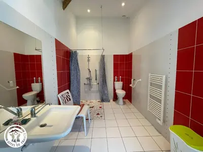 Salle de bains dans l'établissement Gîte rénové avec spa, piscine chauffée, WiFi et accès handicapés au cœur du Marais Breton - FR-1-426-321