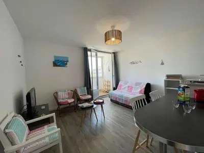 Télévision ou salle de divertissement dans l'établissement Appartement rénové à neuf, 4 couchages, balcon ensoleillé, parking privé, proche plage et commerces - FR-1-224C-173