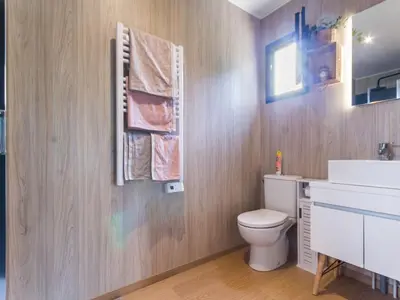 Salle de bains dans l'établissement Cabane au cœur du Vignoble Nantais avec piscine privative chauffée - FR-1-306-1210