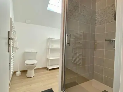 Salle de bains dans l'établissement Maison de vacances spacieuse près de la forêt, avec jardin, cheminée, wifi, et équipements de loisirs. - FR-1-306-1223