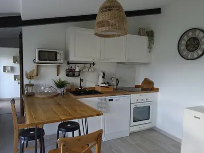 Cuisine ou kitchenette dans l'établissement Ty Grain de Sel : logement privatif avec piscine, jardin et patio