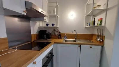Cuisine ou kitchenette dans l'établissement Les Voiles du Clipper T2