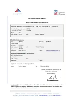 Certificat, récompense, panneau ou autre document affiché dans l'établissement Gite Les Fées - 6 Personnes maxi
