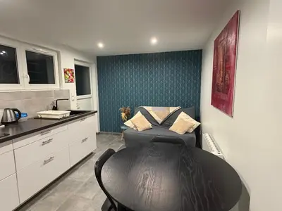 Cuisine ou kitchenette dans l'établissement Rez-de-chaussée rénové avec jardin clos, à 1,6 km de la plage, idéal pour 2 adultes et 2 enfants - FR-1-364-142